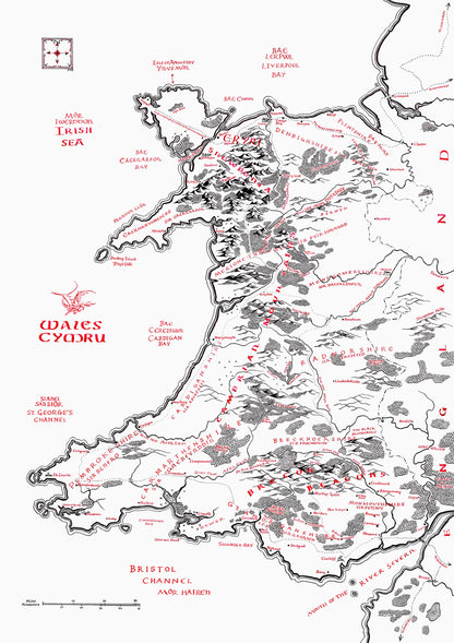 Wales | Hand Drawn Map | Tolkien Inspired | Pen Ink Drawing