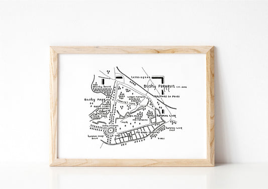 BUSHY PARK PARKRUN | Map Artwork | Hand Drawn Map | Art | Minimalist Art | Wall Art | Office Art