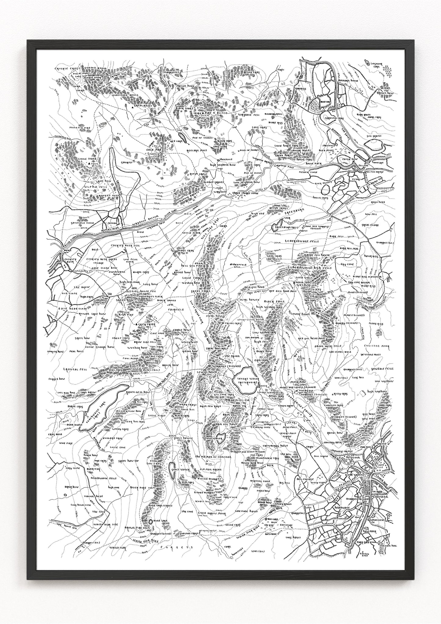 THE CONISTON FELLS | The Lake District | Topographic Map | Hand Drawn | 1:25,000 Scale Drawing