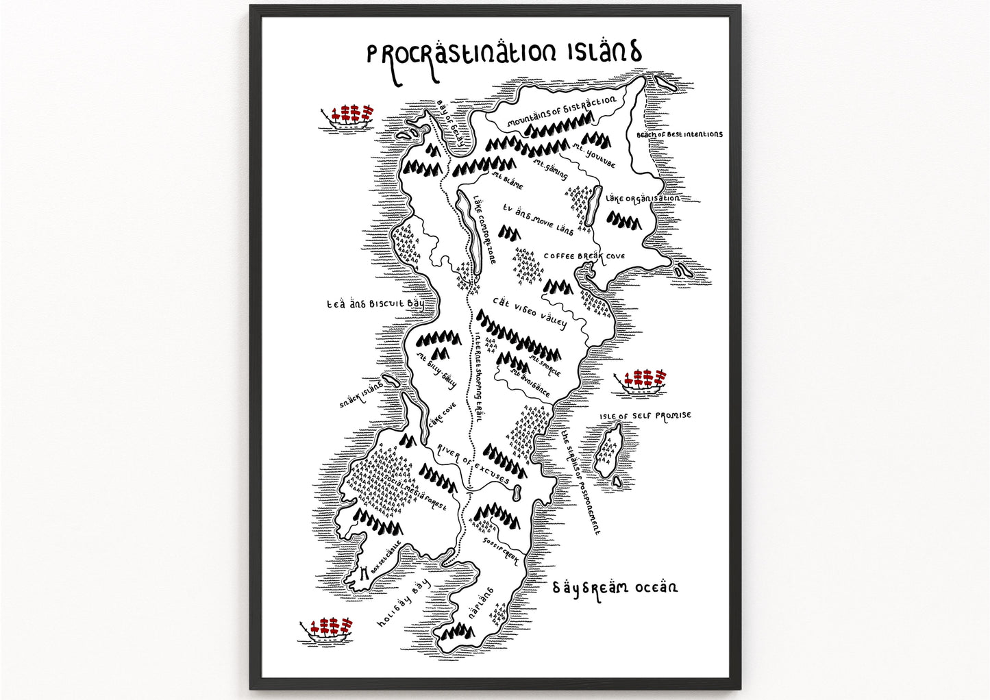 Procrastination Island | Fictional Map | Fun Map | Hand Drawn