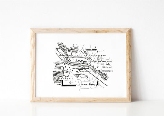 TYNE GREEN PARKRUN | Map Artwork | Hand Drawn Map | Art | Minimalist Art | Wall Art | Office Art