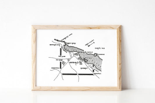 BAMBURGH CASTLE | Northumberland | Map | Artwork | Hand Drawn Map | Art | Minimalist Art | Wall Art | Office Art