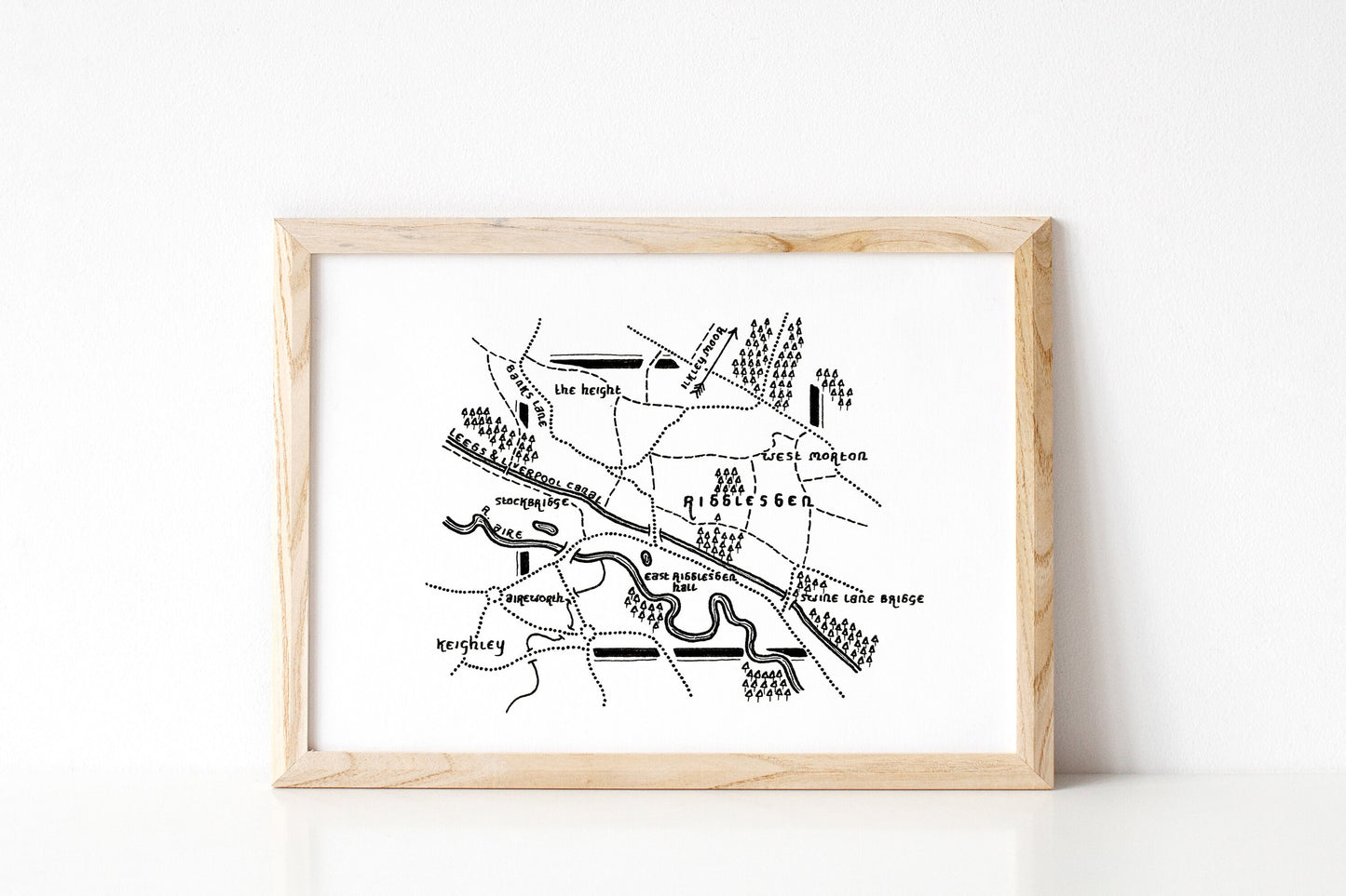 RIDDLESDEN | West Yorkshire | Map | Artwork | Hand Drawn Map | Art | Minimalist Art | Wall Art | Office Art