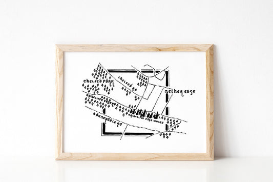 NETHER EDGE | Sheffield | South Yorkshire | Artwork | Hand Drawn Map | Art | Minimalist Art | Wall Art | Office Art