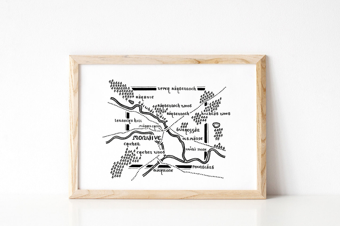 MONIAIVE | Dumfries and Galloway | Scotland | Map | Artwork | Hand Drawn Map | Art | Minimalist Art | Wall Art | Office Art