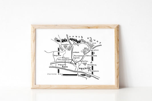 BRIGHTON & HOVE | East Sussex | Map Artwork | Hand Drawn Map | Art | Minimalist Art | Wall Art | Office Art