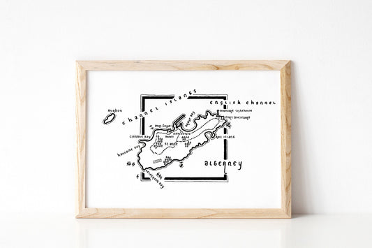 ALDERNEY | Channel Islands | Map | Artwork | Hand Drawn Map | Art | Minimalist Art | Wall Art | Office Art