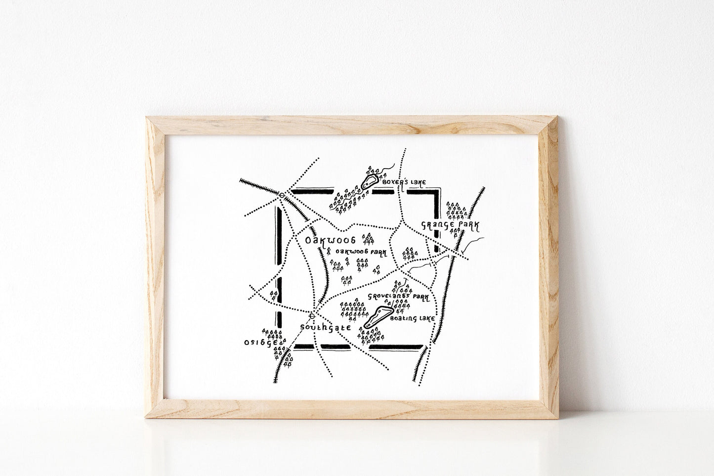 OAKWOOD | London | Map | Artwork | Hand Drawn Map | Art | Minimalist Art | Wall Art | Office Art