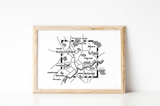 NOTTINGHAM | Nottinghamshire | Map | Artwork | Hand Drawn Map | Art | Minimalist Art | Wall Art | Office Art