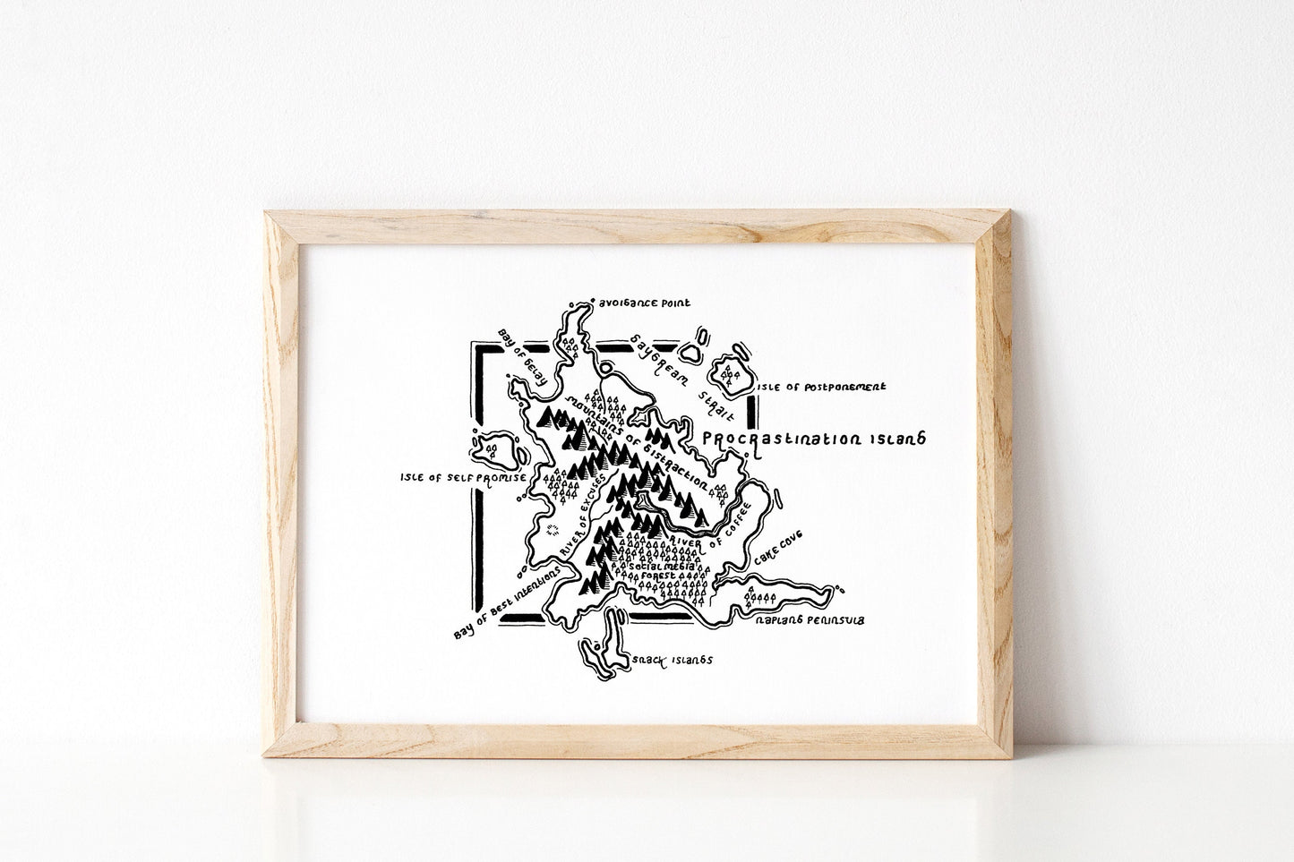 PROCRASTINATION ISLAND | Fictional Map | Artwork | Hand Drawn Map | Art | Minimalist Art | Wall Art | Office Art