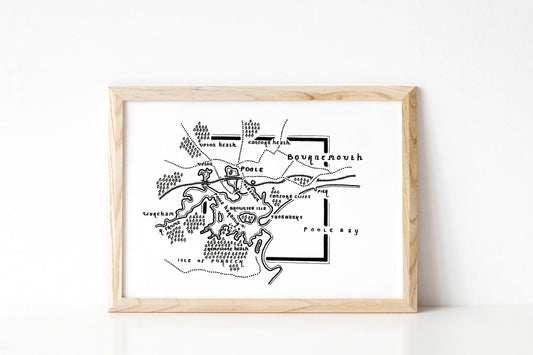 BOURNEMOUTH AND POOLE | Dorset | Map Artwork | Hand Drawn Map | Art | Minimalist Art | Wall Art | Office Art