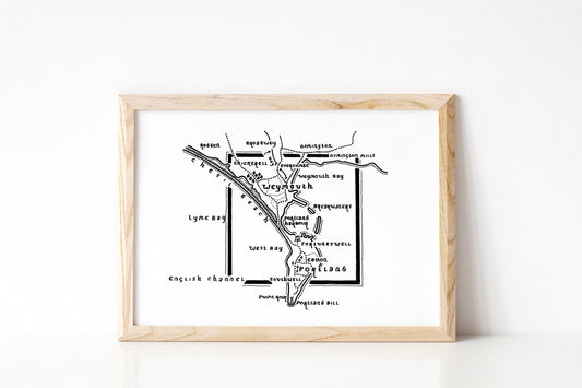 WEYMOUTH/PORTLAND | Dorset | Map Artwork | Hand Drawn Map | Art | Minimalist Art | Wall Art | Office Art