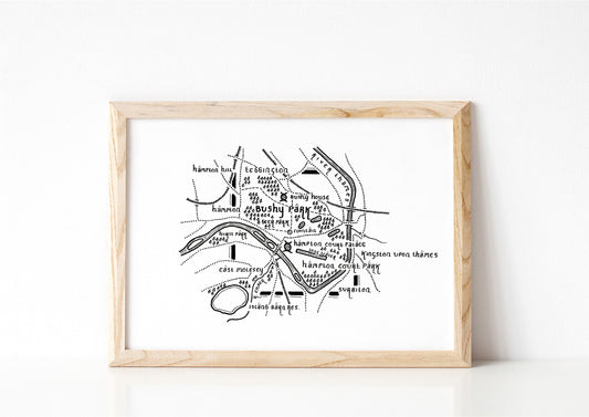 BUSHY PARK | London/Greater London | Map | Artwork | Hand Drawn Map | Art | Minimalist Art | Wall Art | Office Art