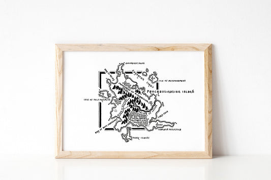 PROCRASTINATION ISLAND | Original Drawing | Fictional Map | Map Artwork | Hand Drawn Map | Art | Minimalist Art | Wall Art | Office Art