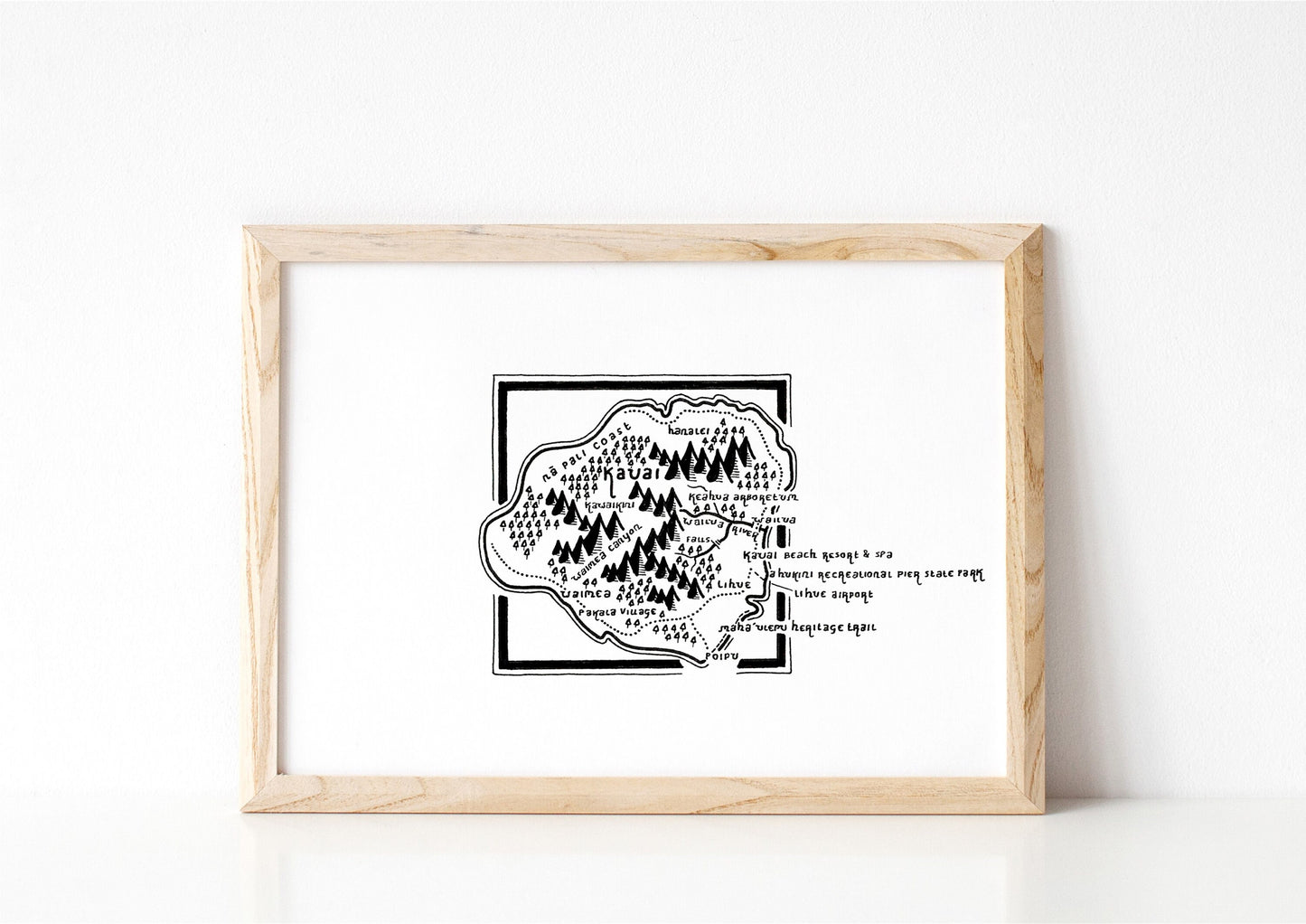 KAUAI ISLAND HAWAII | Map | Artwork | Hand Drawn Map | Art | Minimalist Art | Wall Art | Office Art